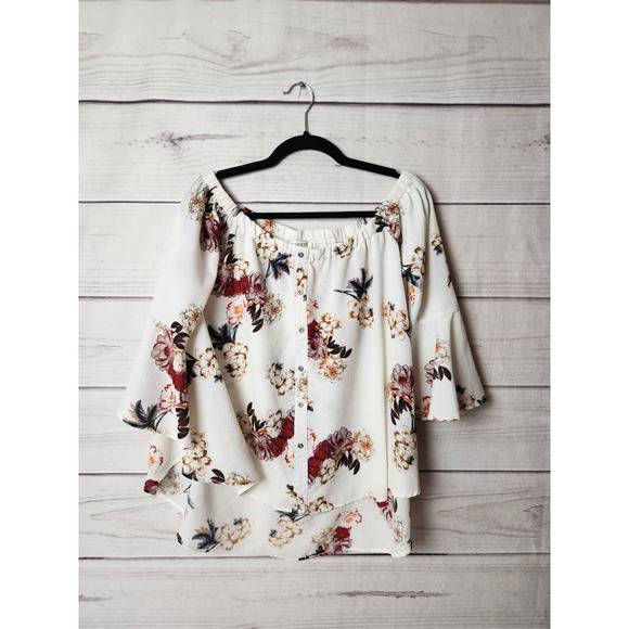 Umgee Womens Blouse White Floral 3/4Bell Sleeve Off Shoulder‎ Loose Fit Boho S - Picture 1 of 7